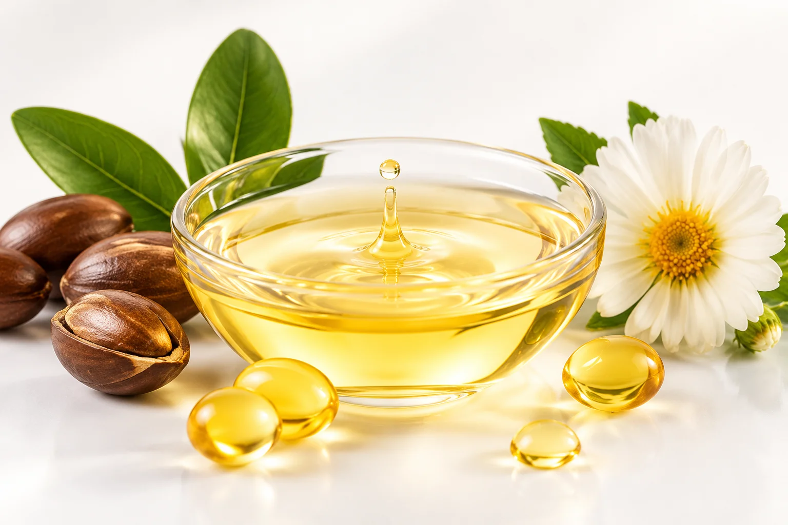 A glass bowl filled with golden argan oil, surrounded by argan nuts, yellow oil capsules, green leaves, and a white chamomile flower.